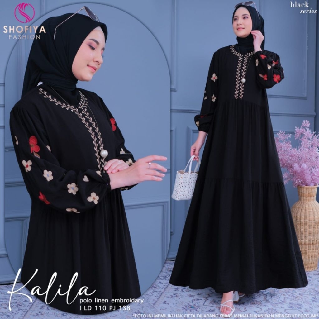 GAMIS HITAM PUTIH POLO LINEN BORDIR ABAYA WANITA SHOFIYA BUSUI