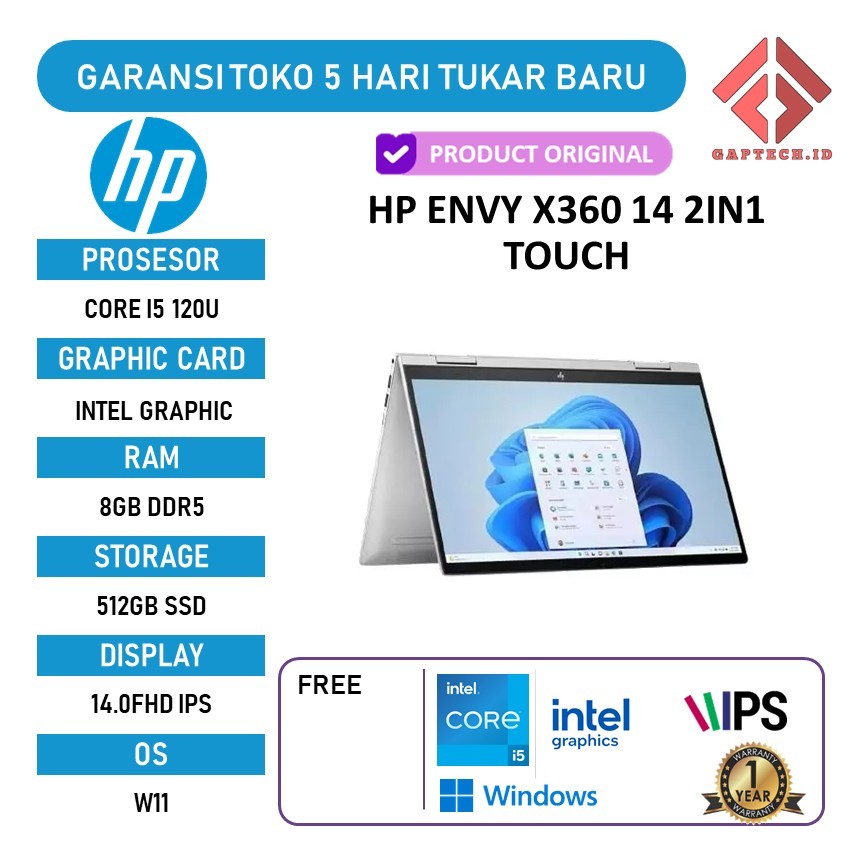 HP ENVY X360 14 2IN1 TOUCH CORE I5 120U 8GB 512GB W11 14.0FHD IPS