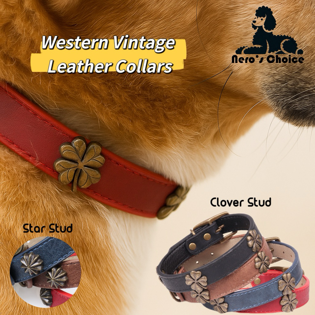 

Western Vintage Premium Leather Dog Collars Retro Rustic Bronze Stud And Buckle Anjing Medium-Besar