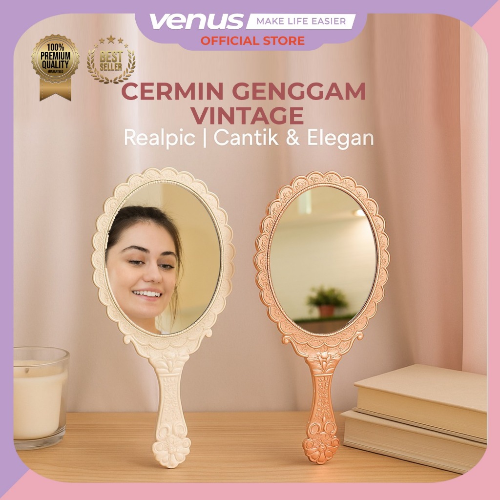 VENUSJKT - Cermin Kaca Genggam Rias Kosmetik Portabel Cermin Bulat Oval Cermin Salon Handle Pegangan