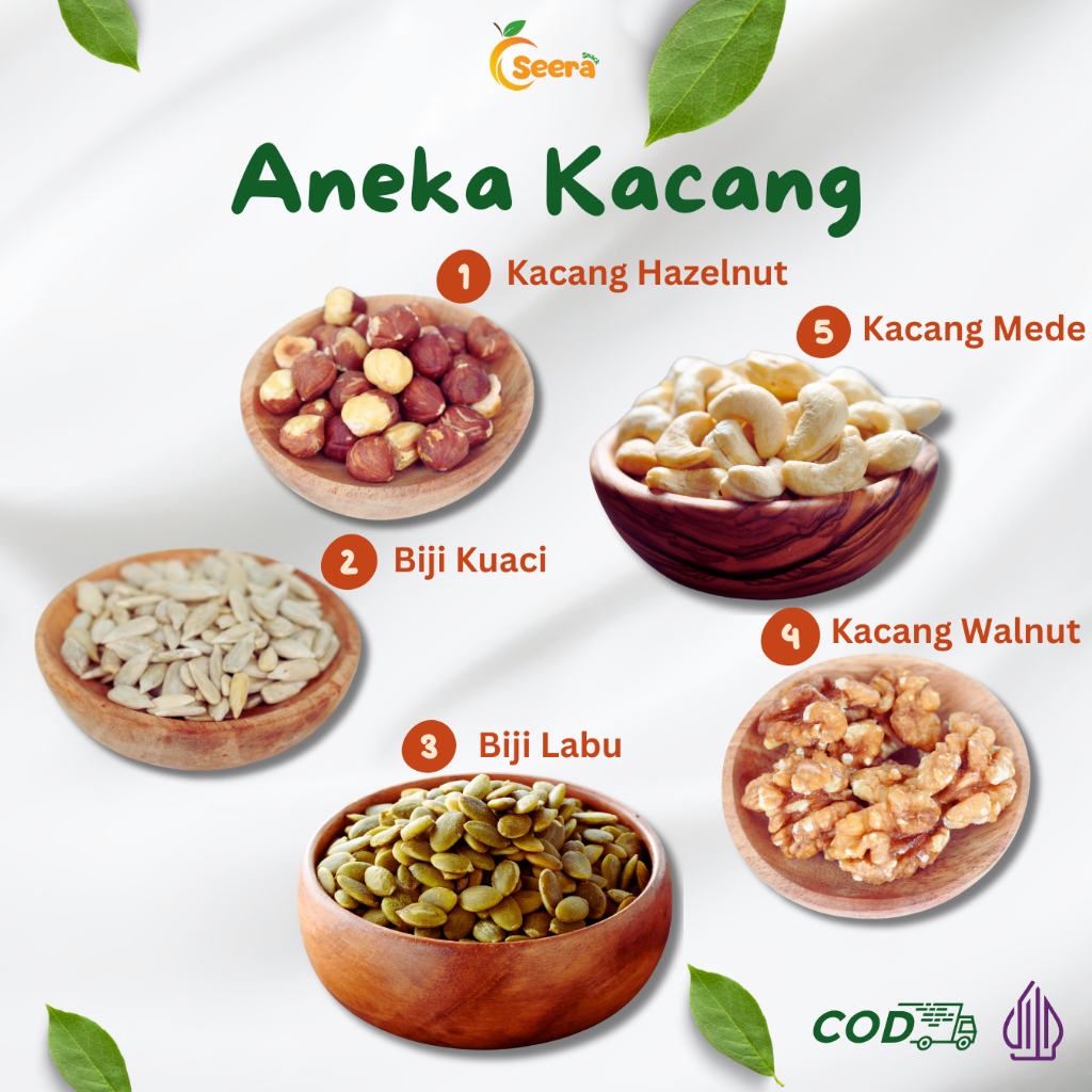

Seera Snack Healthy Nut | Kacang Hazelnut | Kacang Mede | Biji Bunga Matahari | Biji Labu | Walnut