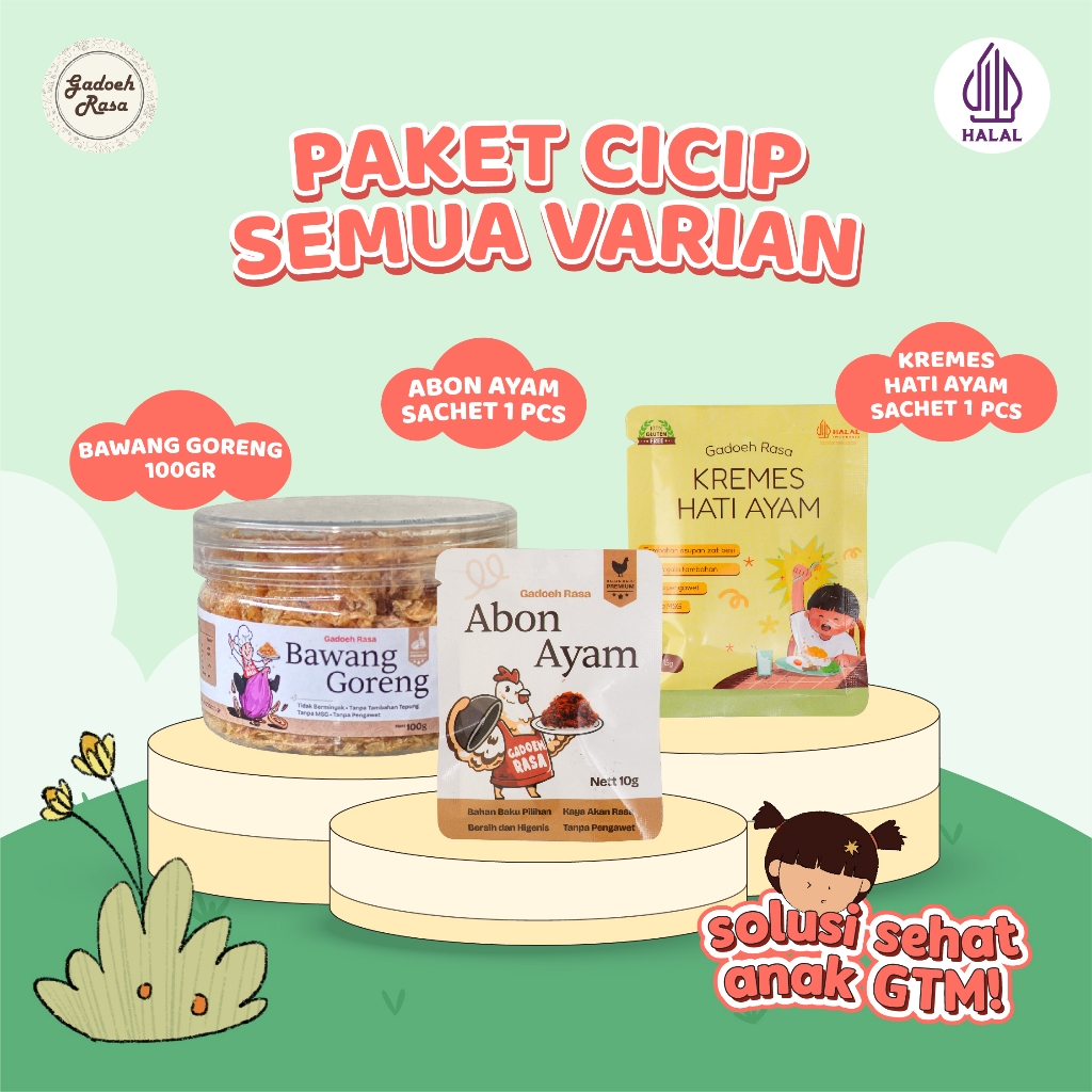 

Gadoeh Rasa Paket Cicip Semua Varian - Sachet Kremes 1pcs + Sachet Abon 1pcs + Bawang Goreng 100gr