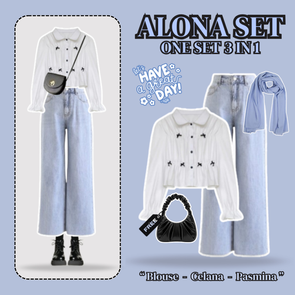 Alona Set Outfit Casual Wanita ( Blouse + Celana + Hijab ) Oneset Remaja Korean Style Terbaru