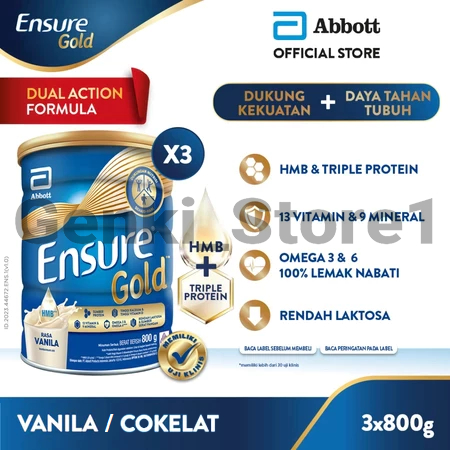 

[3 KALENG] ENSURE GOLD HMB Vanila / Cokelat 3 X 800GR - Nutrisi Dewasa Rendah Laktosa