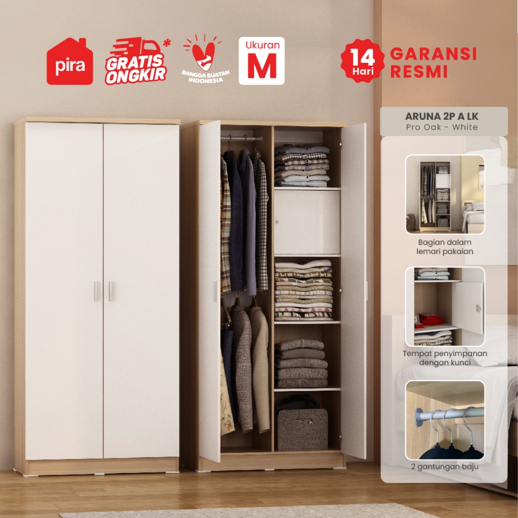 PIRA -  ARUNA 2P A LK Lemari Pakaian 2 Pintu / Lemari Baju dengan Loker Penyimpanan