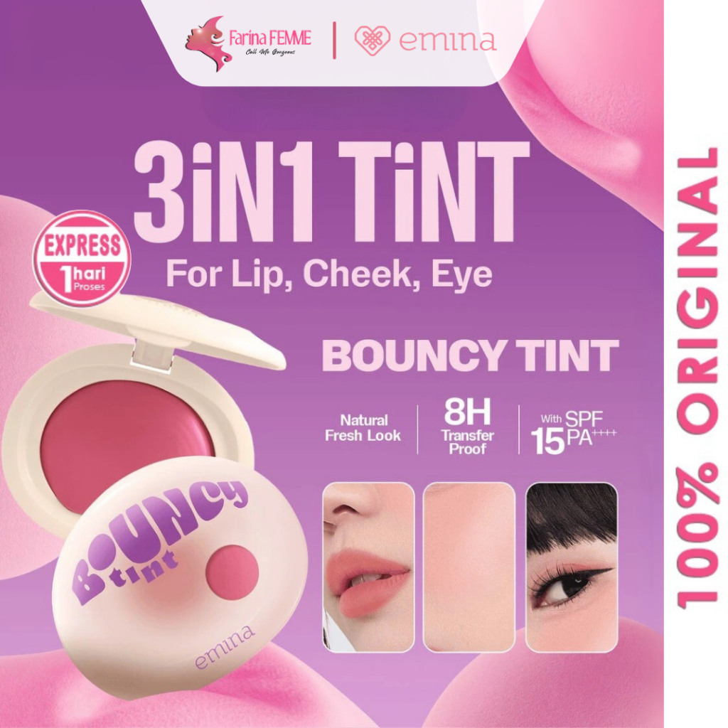 FEMME || Emina Bouncy Tint 3 in 1 Lip Cheek & Eye - Blurry Lip Color Lasting Stain dilengkapi dengan