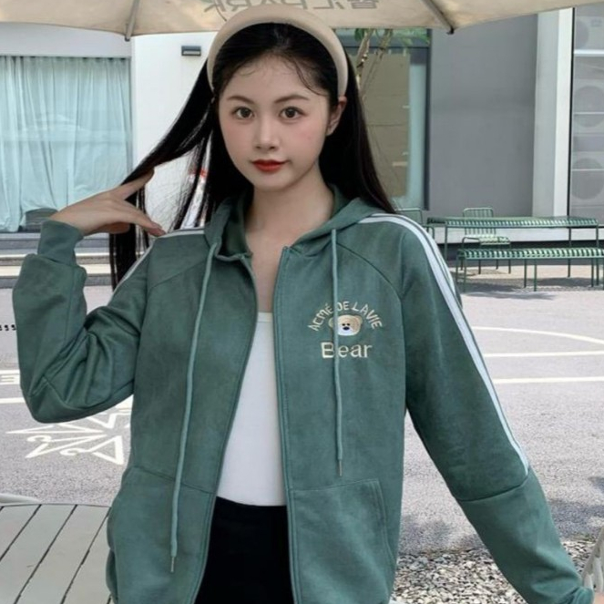 Jaket Hoodie Zipper Wanita Premium Suede Salur Ban Allsize - Acme Bear Paris Coco NB