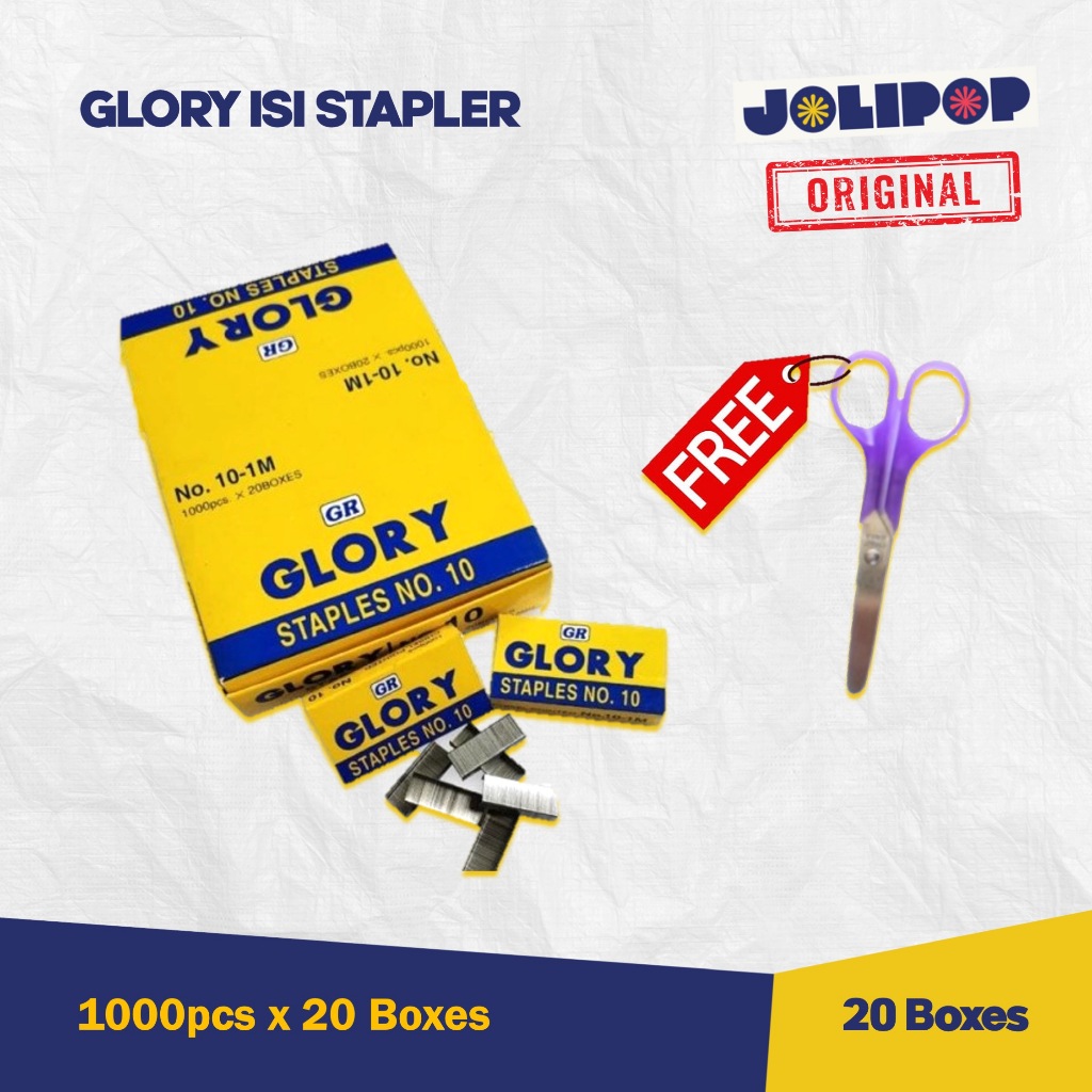 

Glory Isi Stapler 1 Box isi 20 Kotak Kecil / Free Gunting / Stapler Glory No.10 / Staples Kertas