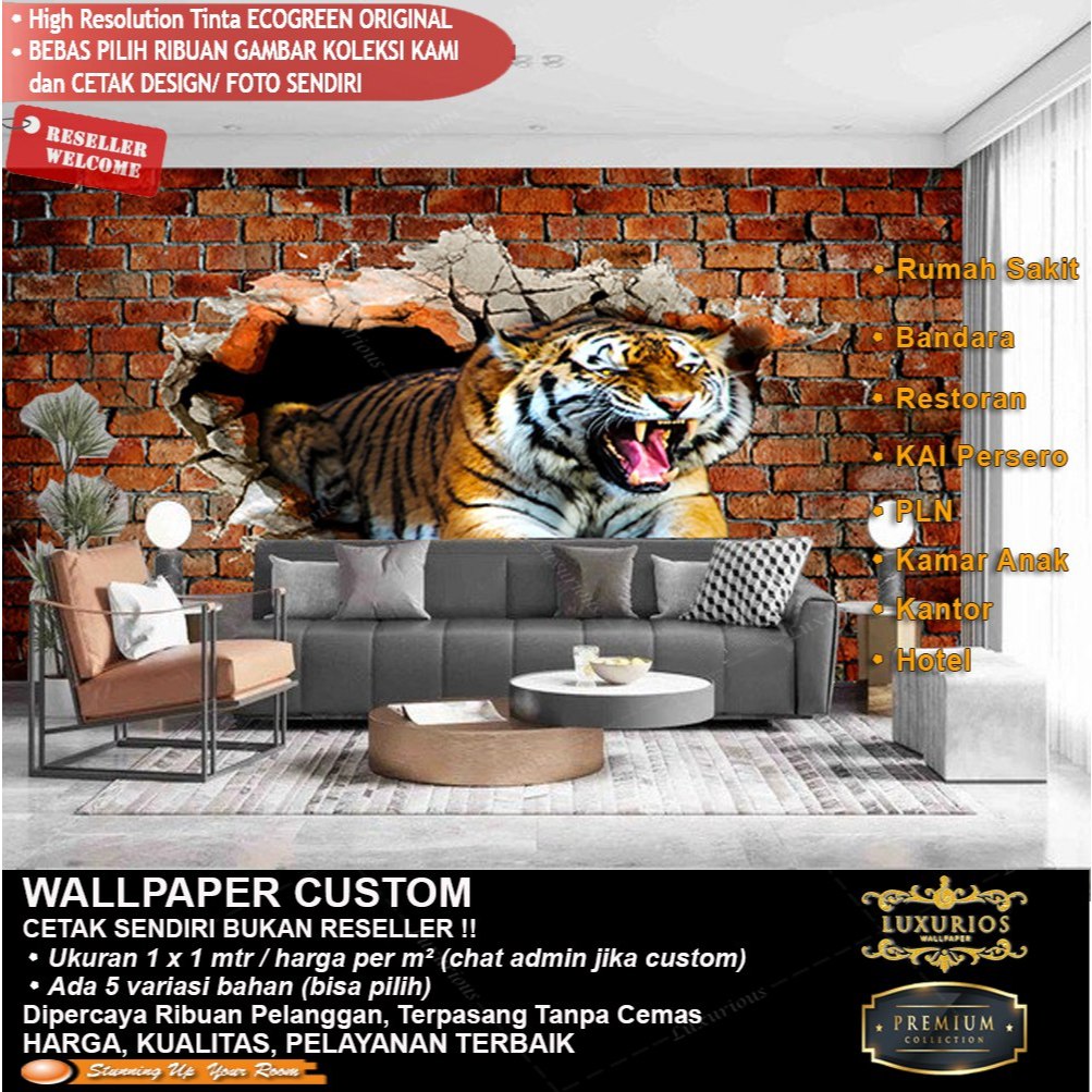 Wallpaper 3D Custom Dinding Koi Wallmural Sticker Kuda Macan Harimau Lukisan Tiger Poster Binatang