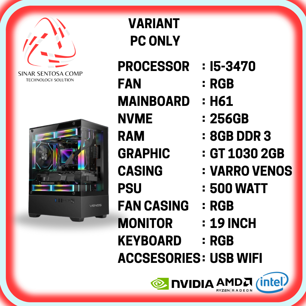 PC Gaming i5 3470 GT 1030 2GB RAM 8GB NVMe 256GB Fullset Siap Pakai