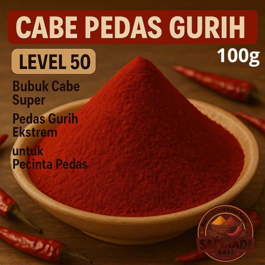 

Cabe Pedas Gurih Level 50 100gram Bubuk Cabe Super Pedas Gurih Ekstrem untuk Pecinta Pedas