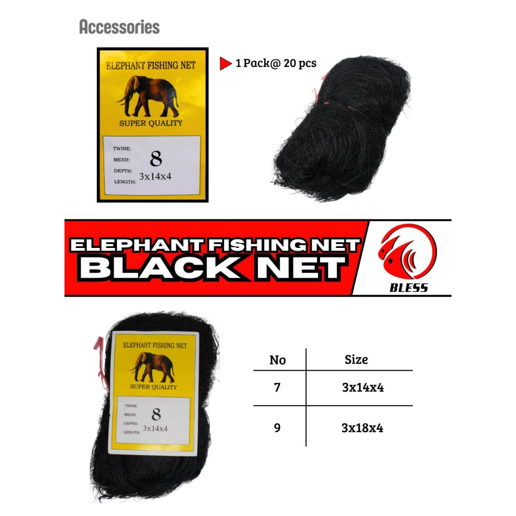 Jaring Ikan Hitam BLESS Elephant Fishing Net  No 9 – Super Kuat & Awet | 1 Pack Isi 20 pcs