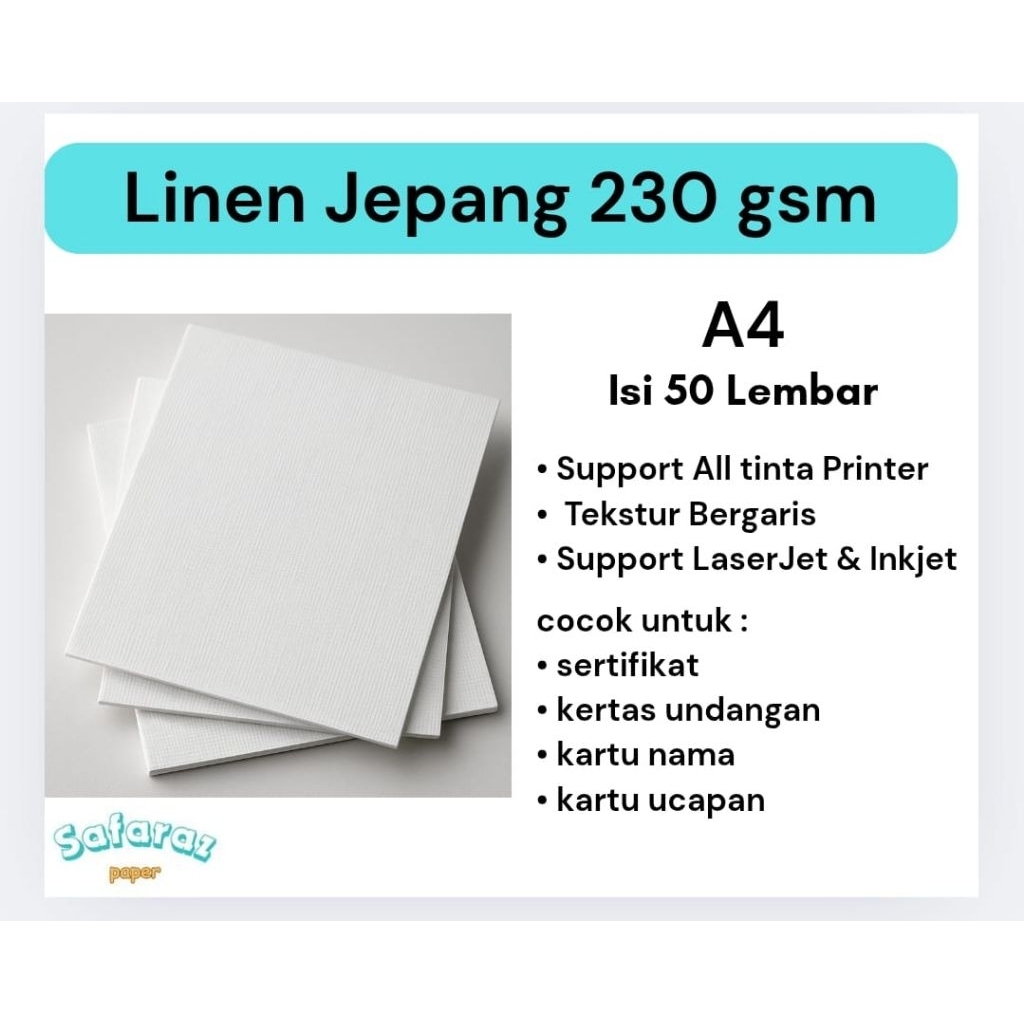 

Kertas Linen Premium Jepang 230 gsm Ukuran A4 Isi 50 Lembar. Kertas Terbaik Untuk Sertifikat, Undangan, Kartu Nama.