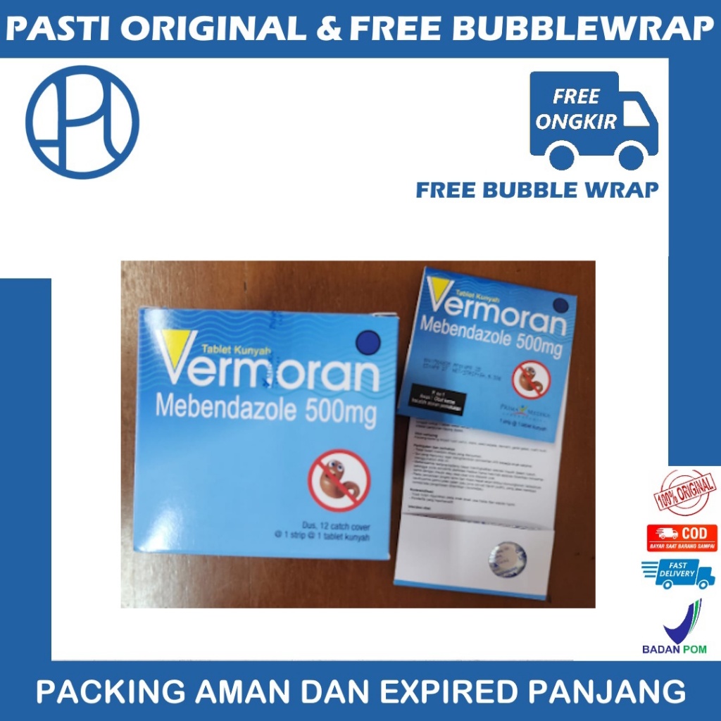 VERMORAN MEBENDAZOLE 500MG STRIP 1 TABLET KUNYAH VERMOX OBAT CACING KREMI CACINGAN