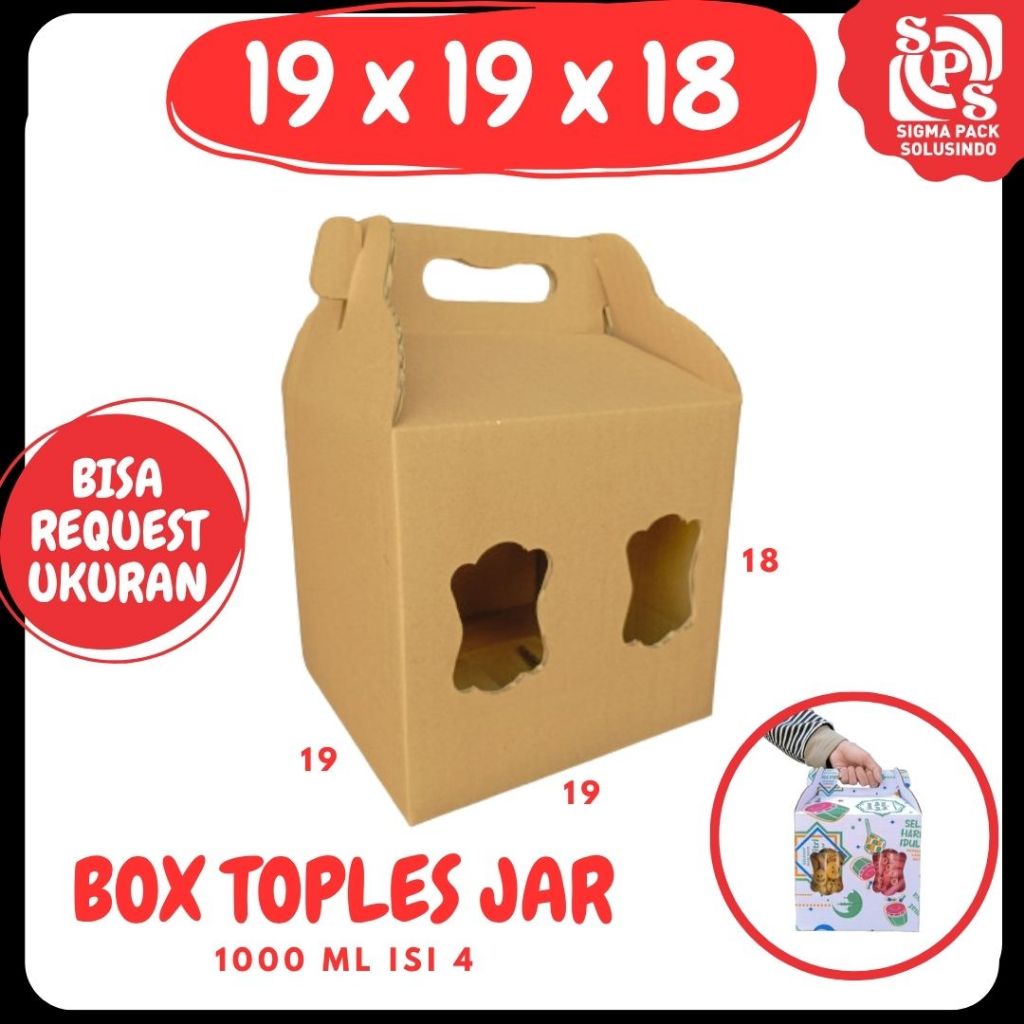 

Box Jinjing Kuker 19x19x18 Jinjing Jar (KUKER TOPLES JAR 1000ml ISI 4) Box Jinjing Kardus Lebaran Idul Fitri Hampers Polos/Motif