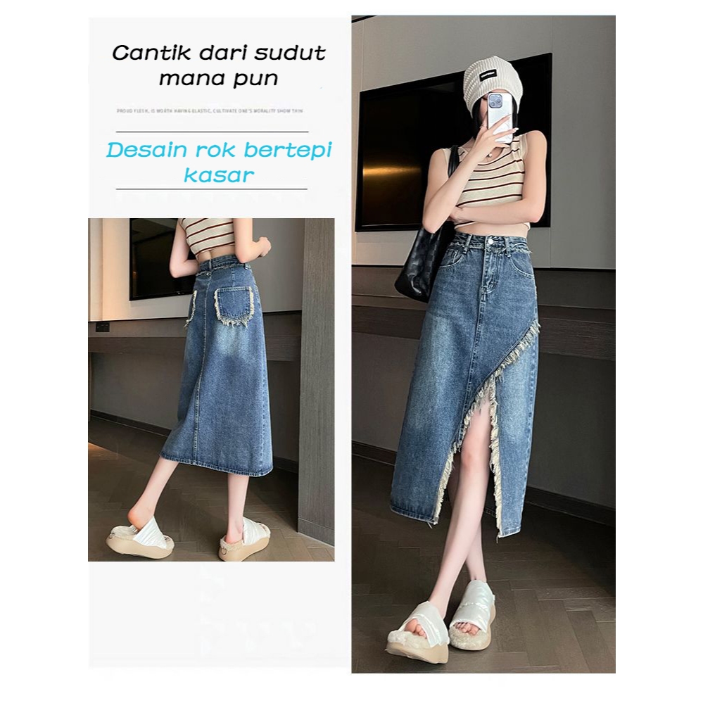 Rok setengah jeans wanita dengan desain, model baru 2025, gaya retro, potongan A-line, pinggang ting