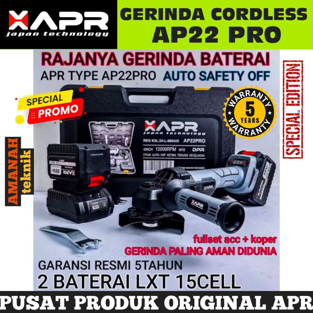 APR AP22 PRO Mesin gerinda cordless brushless 4inch 2batrei 15cell APR gerinda batrei