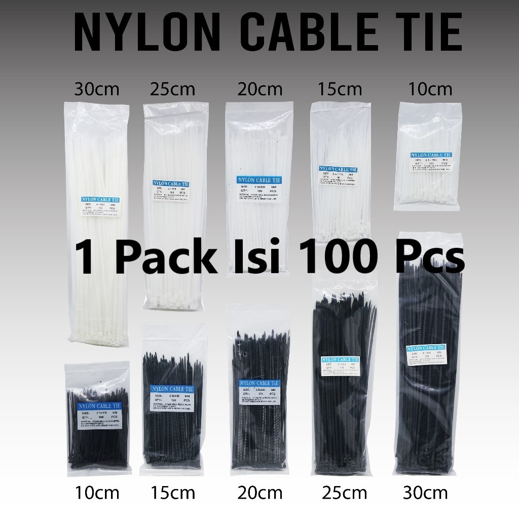 

Kabel Ties Riped Hitam Putih 10cm/ 15cm/ 20cm/ 25cm/ 30cm 1 Pack isi 100 Pcs