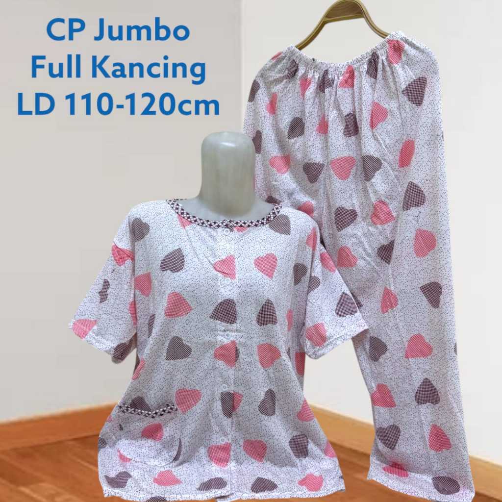 Set BabyDoll Full Kancing CP Jumbo Bahan Kaos Celana Panjang Baju Tidur Wanita LD 110-120cm