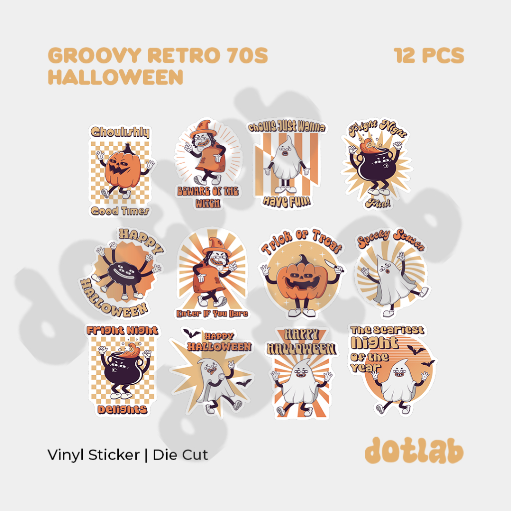

DOTLAB STICKER PACK Trendy Groovy Retro 70s Halloween | Sticker Tumbler |Stiker Laptop Koper Helm