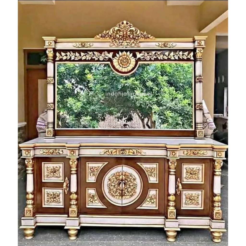 konsul bufet hias pajangan mewah kaca cermin full ukiran mewah kayu jati asli