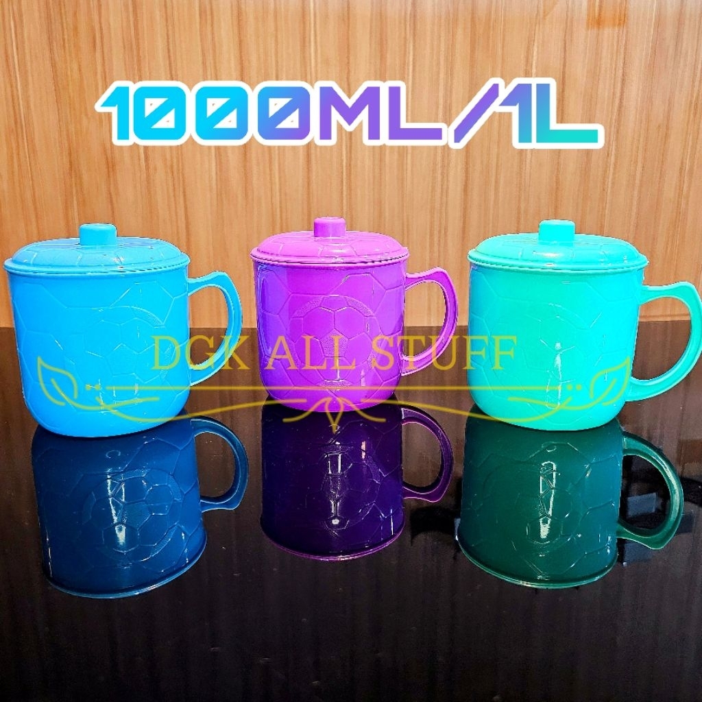 Mug Gelas Cangkir Gagang Tutup Bertutup Dengan Tutup Air Kopi Teh Plastik UNGU PINK HIJAU 1 Liter 1 