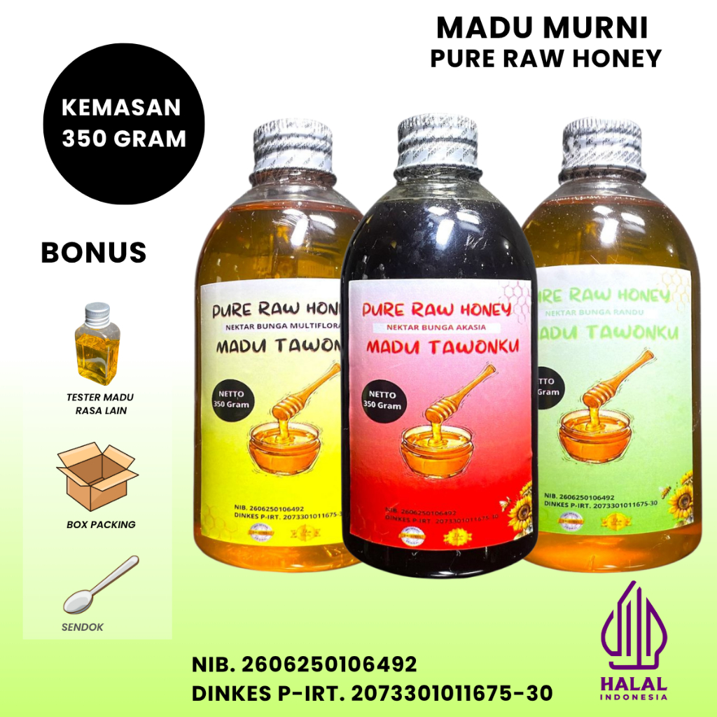 

Madu Murni Asli Nektar Multiflora Randu Akasia 350gram Bersertifikat Resmi P-IRT