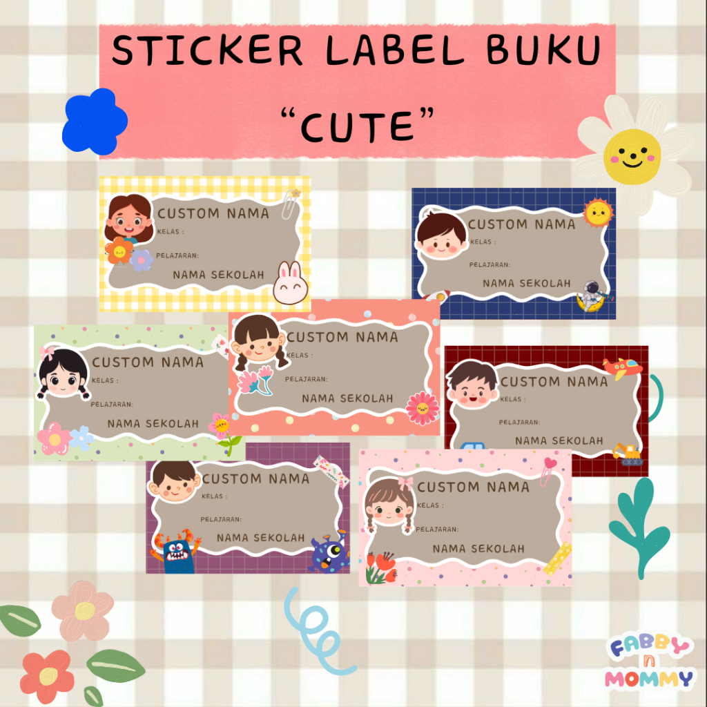 

[FABBYNMOMMY] - 20 PCS STICKER LABEL BUKU CUSTOM CUTE/ STICKER LABEL BUKU MOTIF KARAKTER ANAK/ STICKER BUKU ANAK CUSTOM