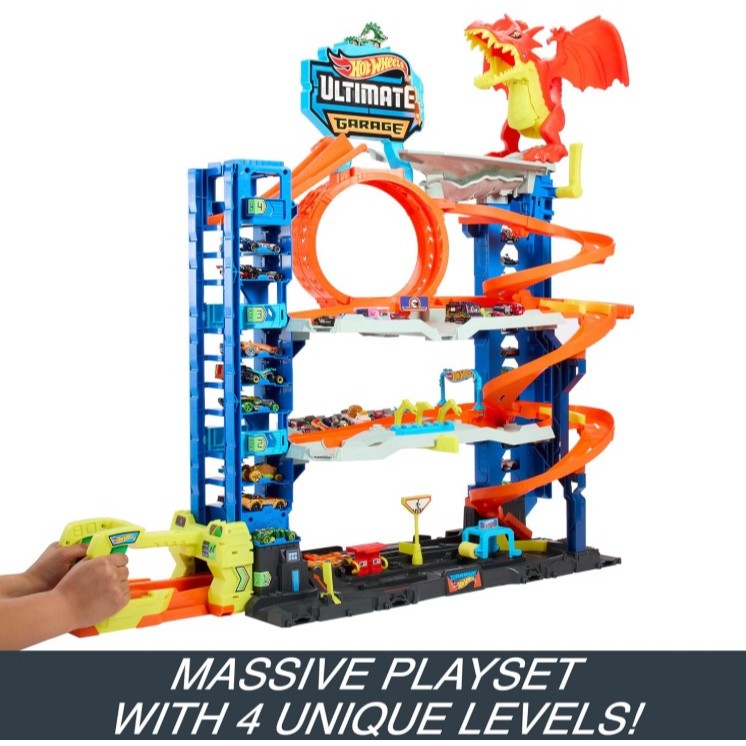Hot Wheels City Ultimate Garage Track Set with 2 Die-Cast Toy Cars & Car-Eating Dragon