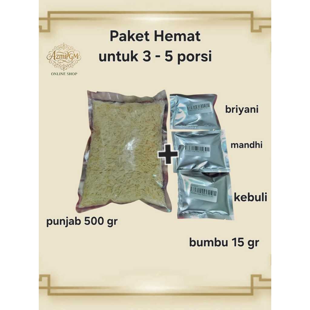 

Paket Hemat Beras Basmati 500gr dan Bumbu Nasi Kebuli, Kabsah, Mandhi, Biryani 15gr Lengkap