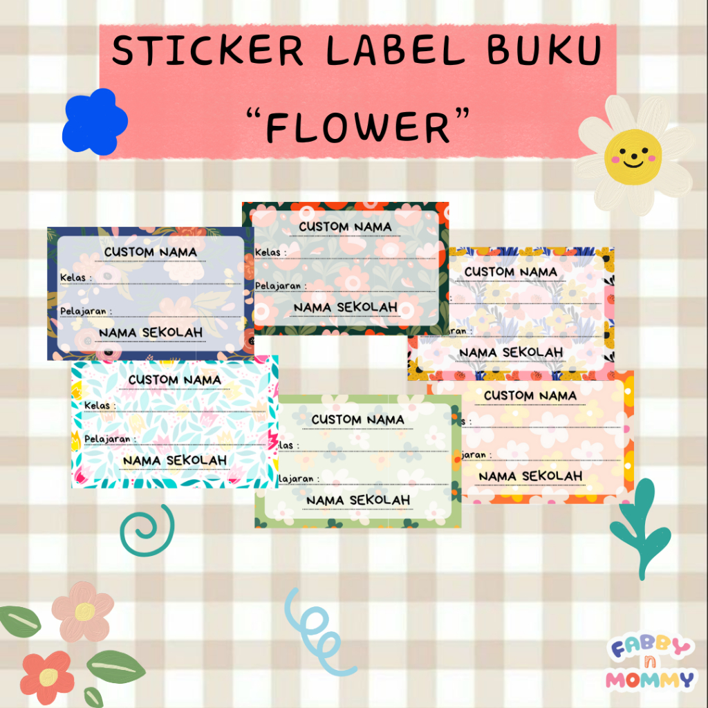 

[FABBYNMOMMY] - 20 PCS STICKER LABEL BUKU CUSTOM MOTIF BUNGA/ STICKER LABEL BUKU MOTIF/ STICKER BUKU ANAK / CUSTOM