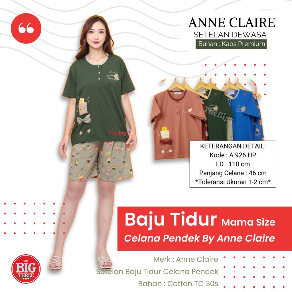 ANNE CLAIRE Sleepwear Celana Lengan Pendek Mama Size | Baby Doll Baju tidur Dewasa Remaja TBTHOME
