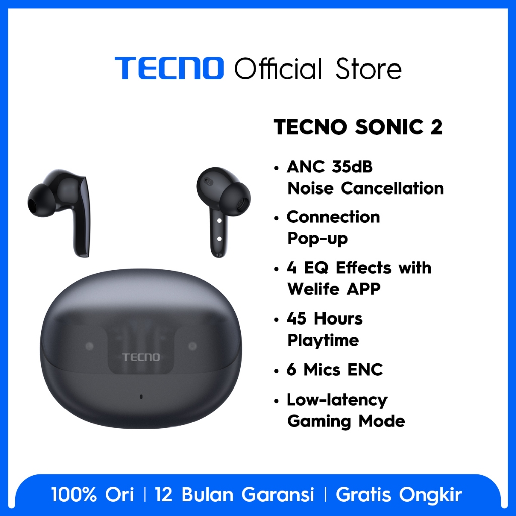 TECNO TWS Sonic 2 - 35dB ANC, Auto Connection Pop-up, Multi-EQ Effects with Welife APP, 45-Hours of Playtime, 6 Mics ENC, Low-latency Gaming Mode, IPX4 - Gambar 2