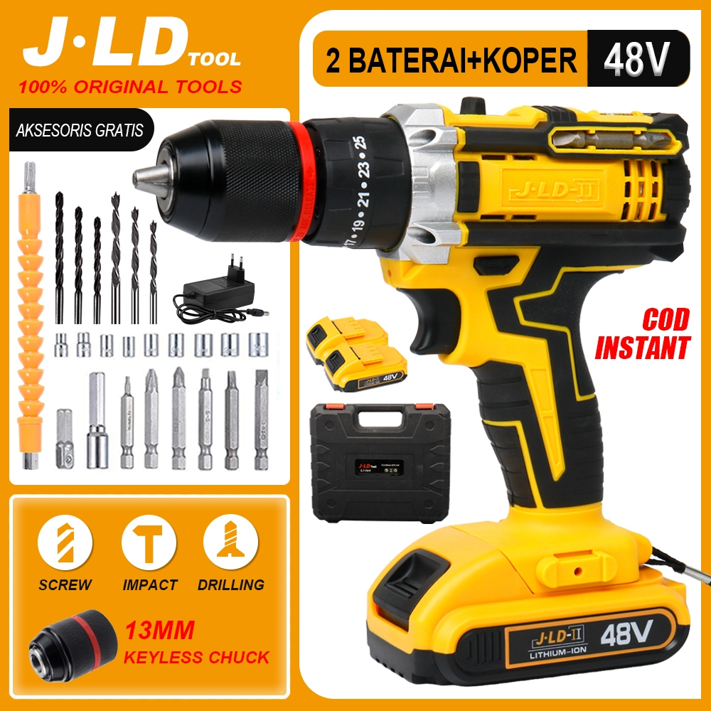 JLD- 48vf Mesin bor baterai cas 35N.M Impact drill bor cordless/bor tangan baterai/bor jld mesin bor