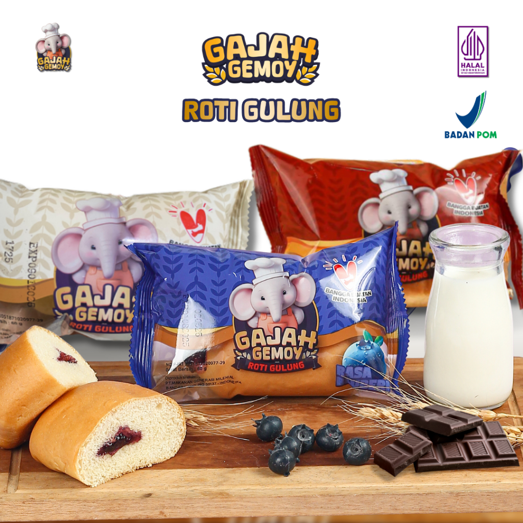 

Gajah Gemoy - Roti Gulung Gajah Gemoy Rasa Susu Blueberry Cokelat Per Pcs | Snack Roti Lembut Halal BPOM