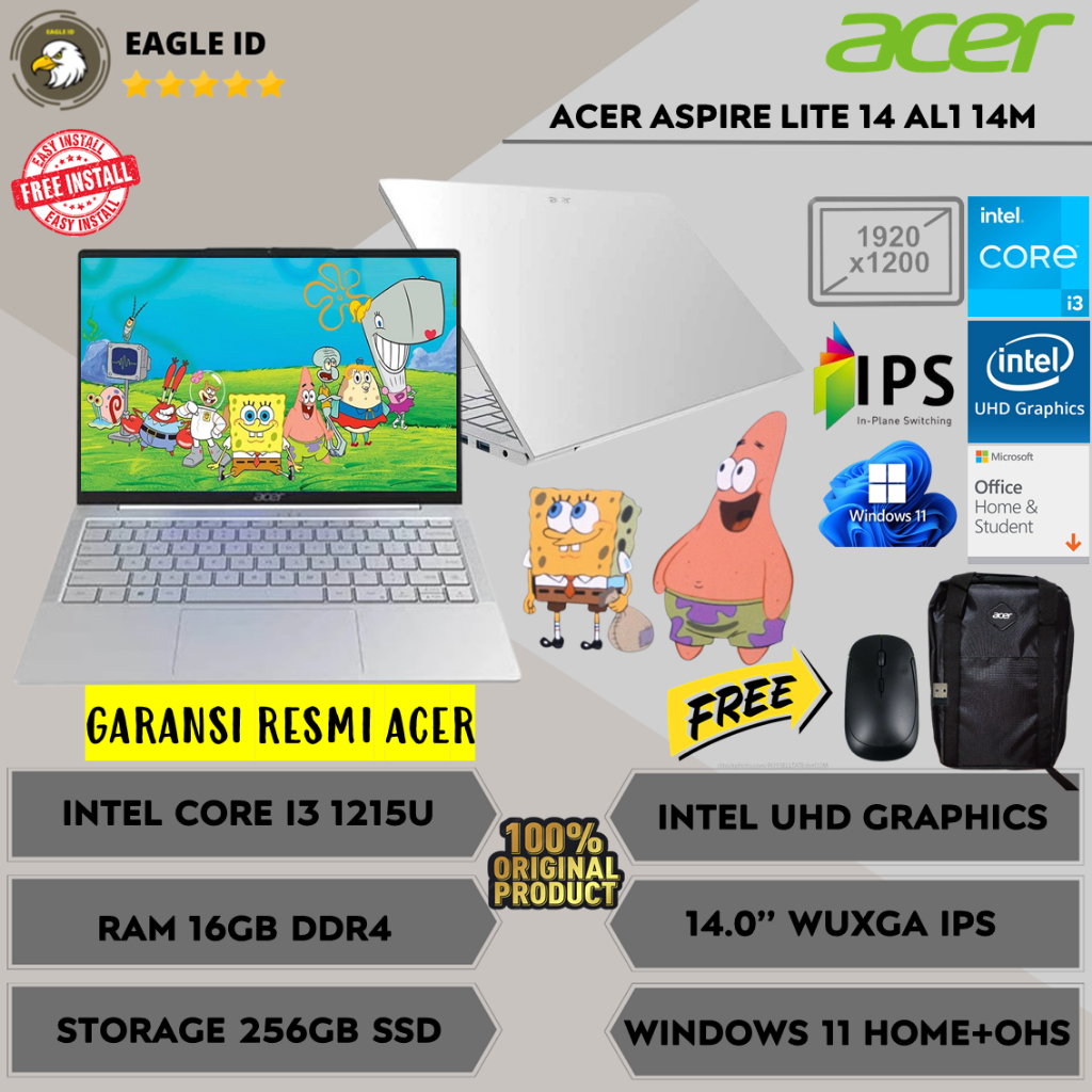 Laptop Baru Acer Aspire Lite 14 AL1 14M Intel Core i3 1215U Ram 16GB DDR4 256GB SSD 14'' WUXGA IPS W