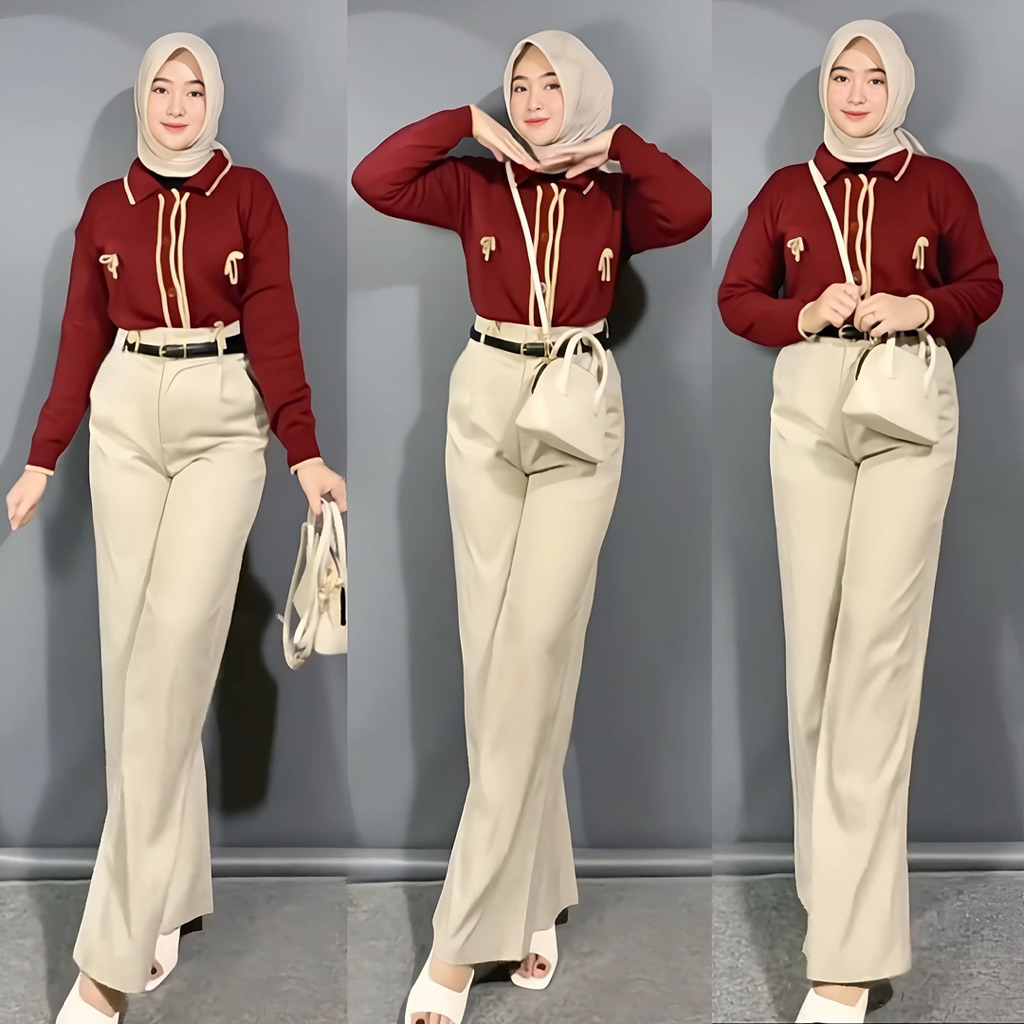 One Set Wanita / Cardigan Knit + Oro Pants Haighwaist / Setelan Wanita / Setelan Wanita Kekinian / O
