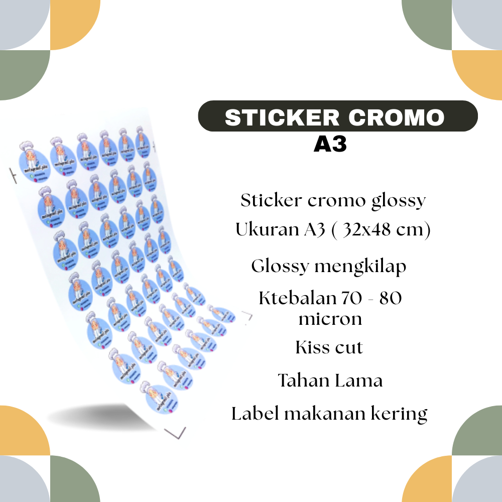 

Print Stiker Custom A3+ | Label Usaha | Bahan Chromo Glossy | Potong Kiss-Cu
