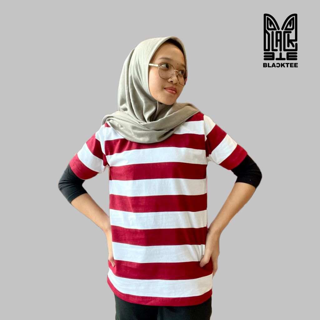 Blacktee - Tshirt Pria Wanita Stripe Salur | Kaos Salur 2 Warna | Bahan katun combed | Merah Putih c