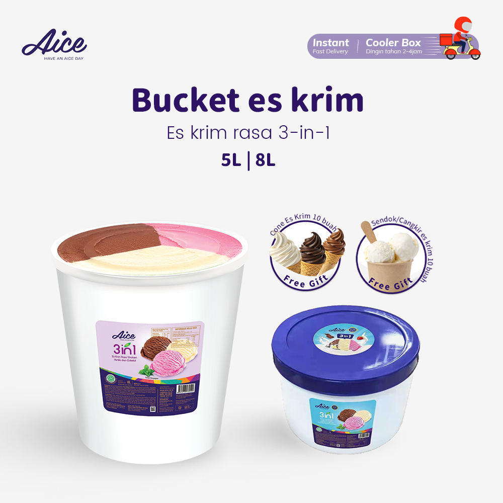 

AICE Ice Cream Bucket Es Krim 1.5L 5 L 8 L /aice 3-in-1 ice cream Rasa Cokelat Vanila Stroberi
