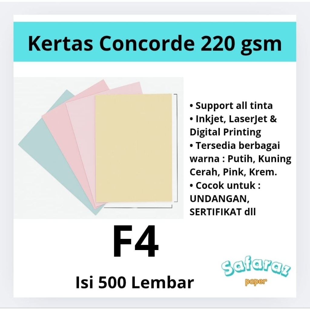 

Kertas Concorde 220 GSM F4 1 Rim | Kertas Tebal Tekstur Linen Premium untuk Undangan, Sertifikat, Print