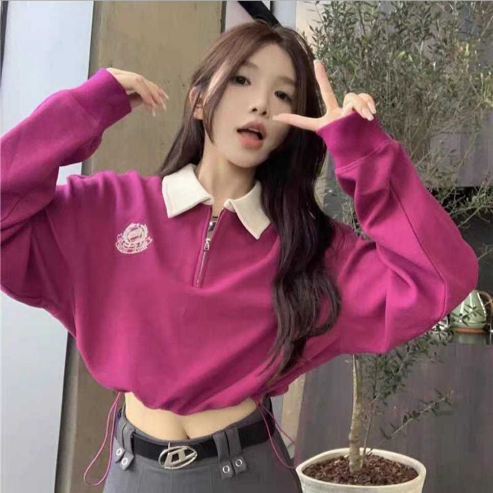 Newyork Collar Croope Sweater Wanita Tali Serut Crop Top