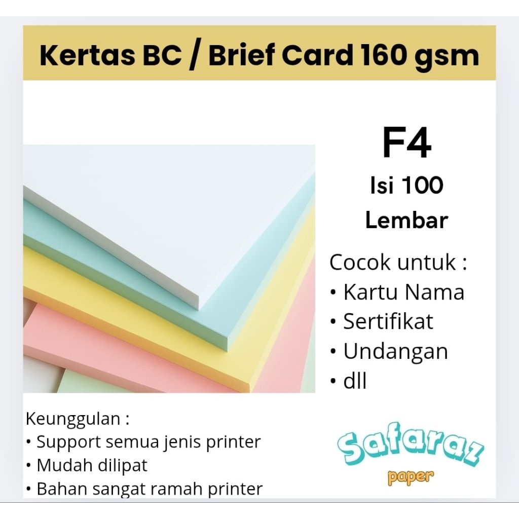 

Kertas BC 160 GSM Warna & 150 GSM Putih F4 100 Lembar | Kertas Tebal untuk Undangan, Sertifikat, Print Craft.