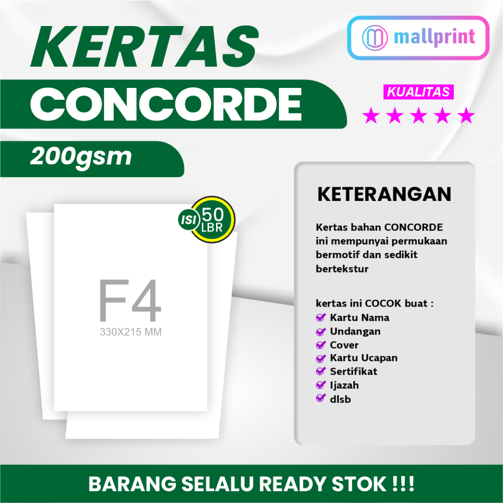 

Kertas Concorde 200 gsm F4 / Kertas Sertifikat / Kertas Piagam / 1 pak isi 50 lbr