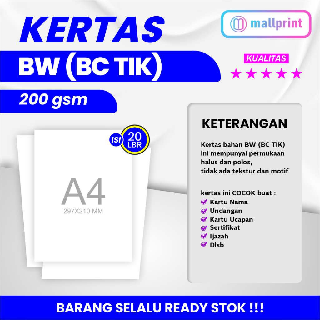 

Kertas BW 200 gsm uk. A4 cocok unt. Sertifikat Piagam dll (isi 20 lbr)