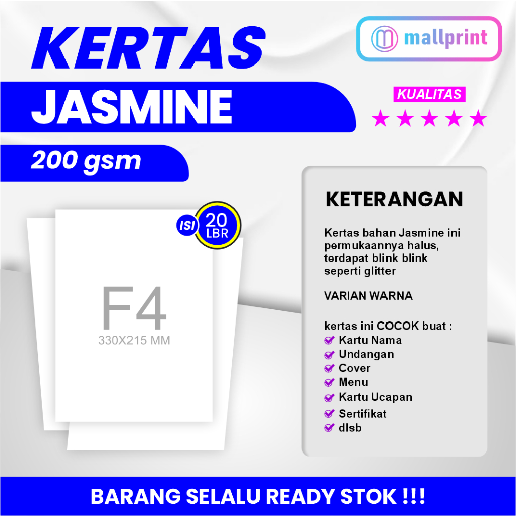 

Kertas Jasmine 200 gsm F4 (Folio) cocok untuk undangan, sertifikat dll (1 pak Isi 20 lbr)