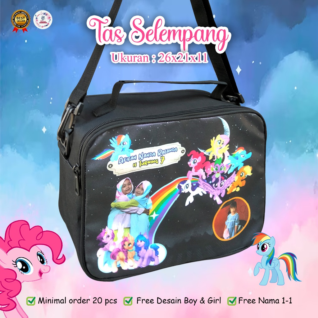 

PREMIUM MODEL SELEMPANG BAG Tas Ultah Murah Di Bawah 20 Ribuan Tema Kuda Pony Dan Bisa Custom Tema Cewek Cowok, Foto, Nama