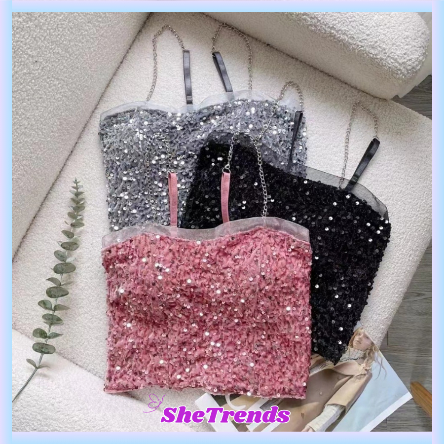 BR1900 Atasan Manik Tanktop Blink Tali Rantai Wanita Bralatte Fashion Belakang Karet