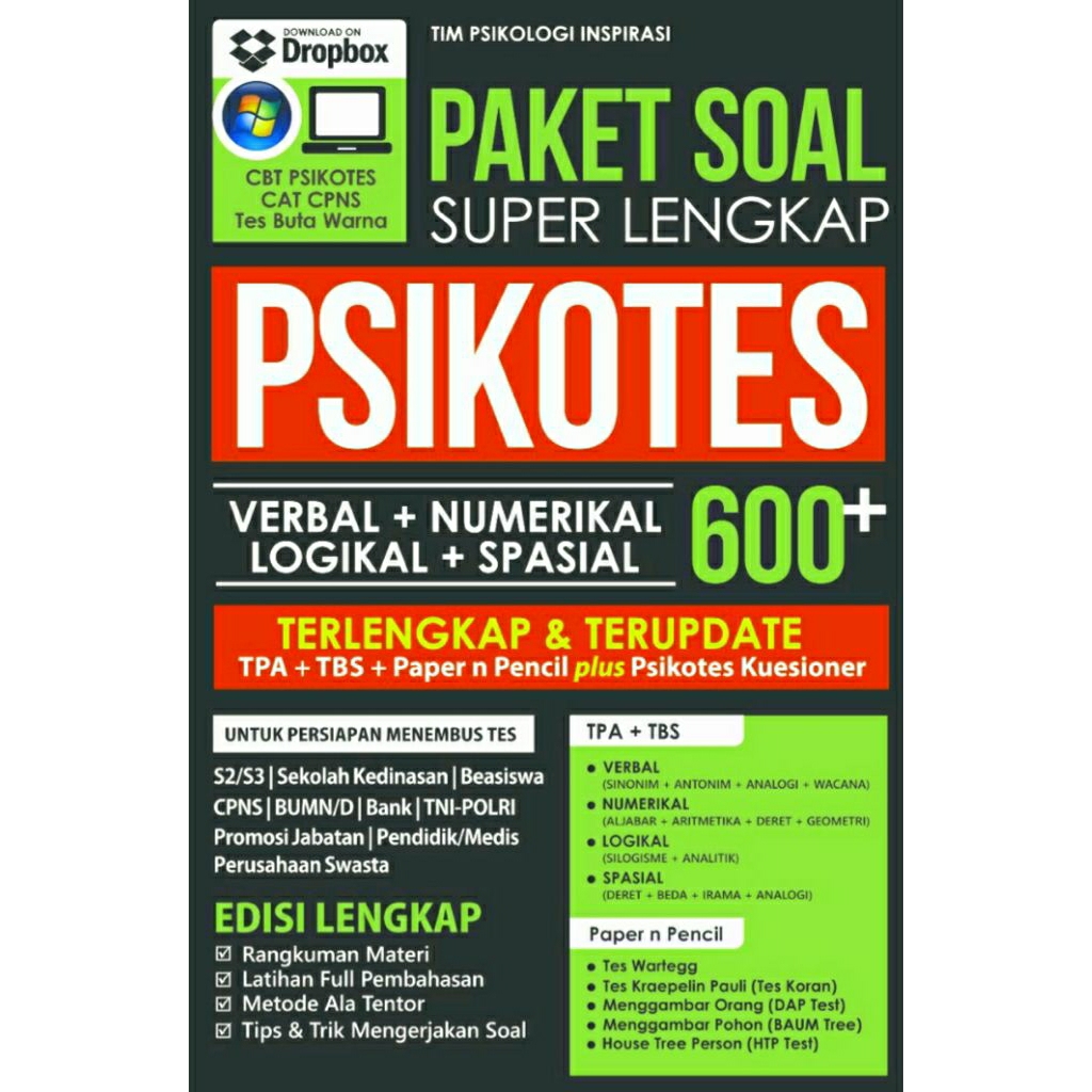 PAKET SOAL SUPER LENGKAP PSIKOTES 600+/ PERSIAPAN TES ASN CPNS/ TNI POLRI/ SEKOLAH KEDINASAN / STAN 