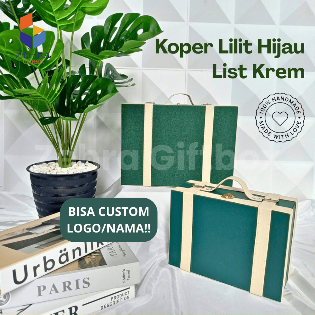 

Kotak Hadiah/Hampers Kulit Sintetis Uk. 33 X 24 X 13 | Box Model Koper Lilit Hijau List Krem